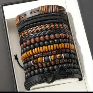 12 piece Men's faux leather, tiger stone and moon stone bracelet set
