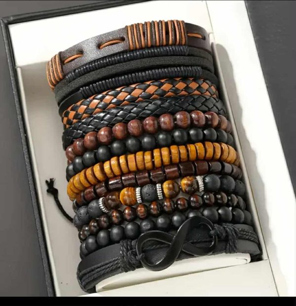 12 piece Men's faux leather, tiger stone and moon stone bracelet set