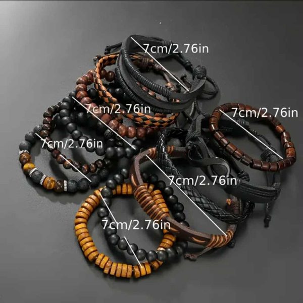 12 piece Men's faux leather, tiger stone and moon stone bracelet set - Image 2